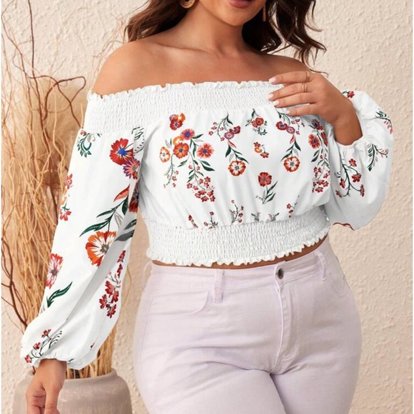 Boho Plus Size Off Shoulder Floral Print Smocked Cropped Top Shirt Blouse White - Picture 6 of 6